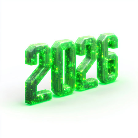 This image features the number 2026 designed with intricate green circuit patterns, glowing elements, and a modern aesthetic, symbolizing technology and innovation.の素材
