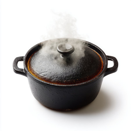 A classic black cast iron cooking pot with a tightly fitting lid, releasing steam, perfect for gourmet meal preparation in a modern kitchen setting.の素材