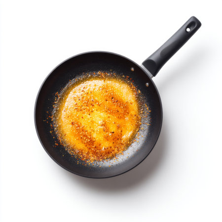 A close-up view of a frying pan featuring a sizzling golden brown sauce enriched with spices, set against a clean white background. Ideal for culinary imagery.の素材