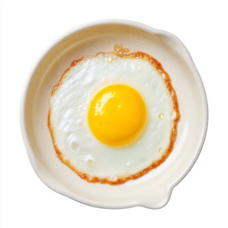 A vibrant sunny side up egg sits on a white ceramic plate, embodying the essence of a simple and healthy breakfast option. Perfect for meal preparation.の素材