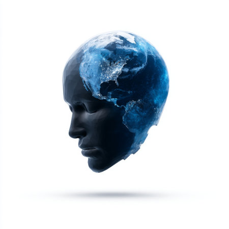 This striking image features a human head silhouette intertwined with the Earth globe, symbolizing global awareness and the importance of environmental consciousness, creativity, and connection to the planet.の素材