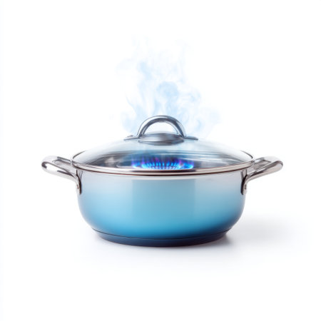 A sleek blue cooking pot sits on a gas burner, with steam gracefully rising through a glass lid. Perfect for showcasing kitchen elegance and culinary creativity.の素材