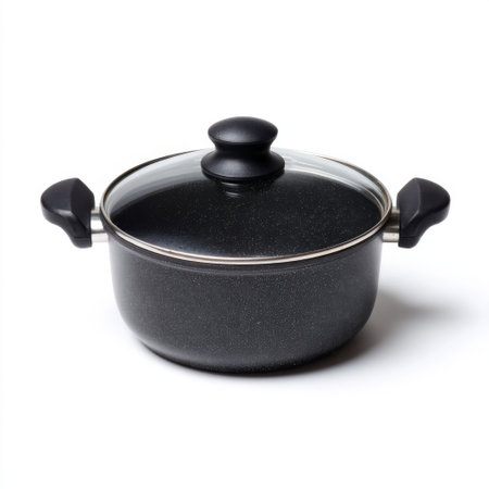 This elegant black cooking pot features a glass lid and ergonomic handles, ensuring ease of use in any modern kitchen. Perfect for a variety of cooking methods.の素材