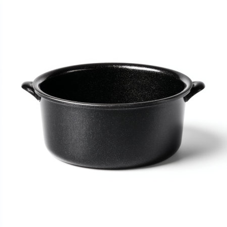 This black cooking pot features sturdy handles and a round shape, perfect for baking, stewing, or serving delicious meals in any kitchen.の素材