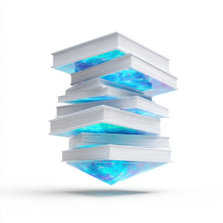 A captivating image of floating books radiating cosmic energy in a minimalistic space. This artwork embodies creativity and imagination, offering a unique visual experience.の素材
