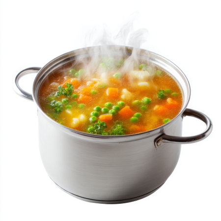 A vibrant pot of freshly cooked vegetable soup simmers on the stove, releasing flavorful steam. This healthy comfort food features colorful veggies and a nutritious broth, perfect for any meal.の素材