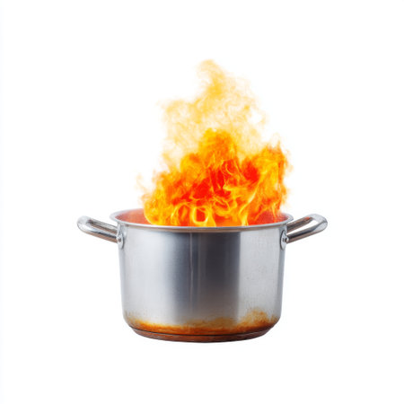 A stunning visual of a silver pot engulfed in bright orange flames, representing the dangers of cooking. This image captures the intensity and drama of a potential kitchen fire, emphasizing the need for safety and awareness in culinary environments.の素材