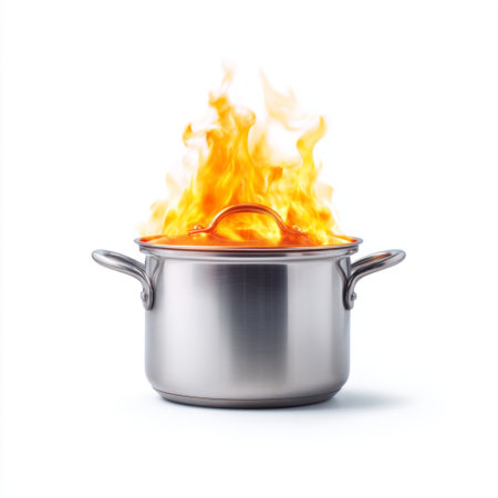 A dramatic image of a stainless steel pot with flames erupting from its lid, creating an intense visual effect often associated with cooking hazards and safety.の素材