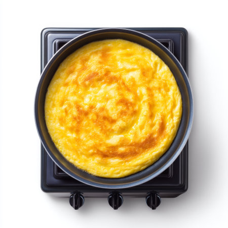 A beautiful golden omelette sits in a black non-stick frying pan against a pristine white background, highlighting its delicious and appetizing appearance.の素材