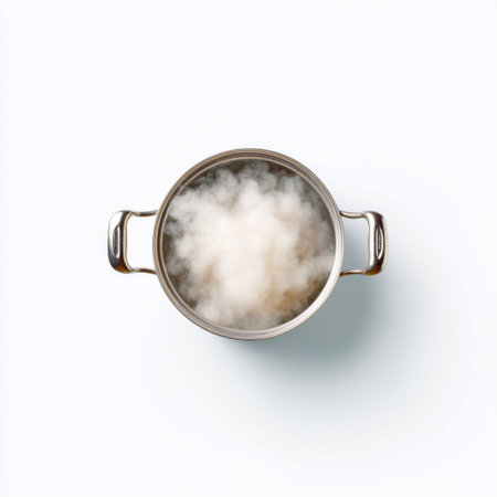 A top view of a stainless steel pot filled with steam, creating an inviting atmosphere ideal for food preparation and culinary creativity.の素材