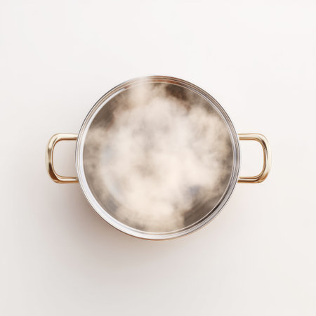 A top view of a reflective metal cooking pot with steam gently rising from its surface, perfect for culinary themed photography and kitchen visuals.の素材