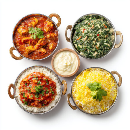 This vibrant arrangement of Indian cuisine features mouthwatering chicken curry, spinach, fragrant rice, and creamy yogurt. Perfect for food enthusiasts!の素材