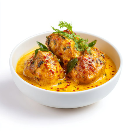 An appetizing view of a spicy Indian curry with flavorful dumplings, garnished with fresh herbs and spices, presented in an elegant white bowl.の素材
