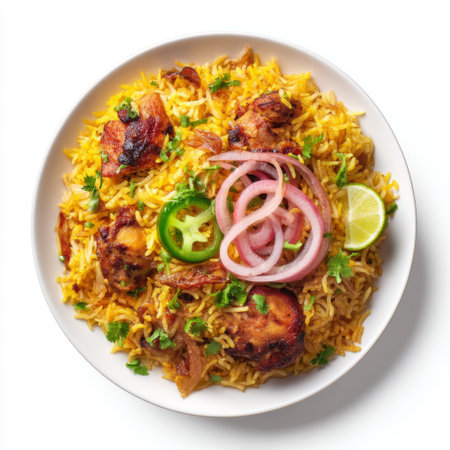 A vibrant and aromatic plate of spicy chicken biryani served in a white bowl, garnished with fresh herbs, slices of lime, and onions. Perfect for food lovers.の素材