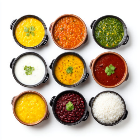 A stunning arrangement of traditional Indian dishes, showcasing colorful variations including lentils, rice, beans, and vibrant sauces, perfect for food lovers.の素材