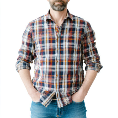 This image features a confident man standing in a plaid shirt and jeans, embodying modern casual fashion. His relaxed demeanor and vibrant colors create a friendly atmosphere perfect for lifestyle content.の素材