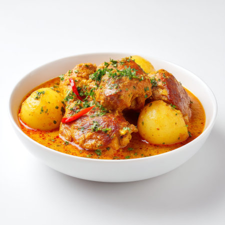 A mouthwatering meat dish featuring tender cuts cooked with spices and potatoes, beautifully garnished with fresh herbs, ideal for culinary experiences.の素材