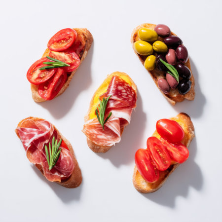 A vibrant assortment of bruschetta featuring fresh tomatoes, olives, and cured meats on toasted baguette slices, perfect for gatherings and parties.の素材