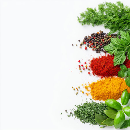 Bright and vibrant assortment of fresh herbs and spices displayed on a clean white background, ideal for enhancing culinary creativity and flavor exploration.の素材