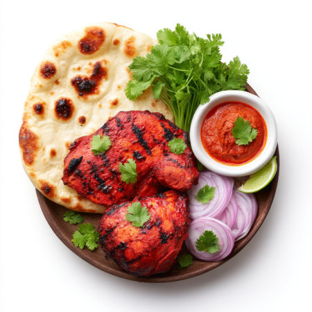 A vibrant plate featuring grilled chicken tikka paired with naan, fresh onion slices, cilantro, and a tangy sauce, perfect for culinary enthusiasts.の素材