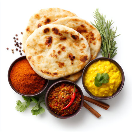 This image features freshly made Indian bread served with vibrant bowls of spices and sauces, perfect for showcasing diverse culinary traditions.の素材