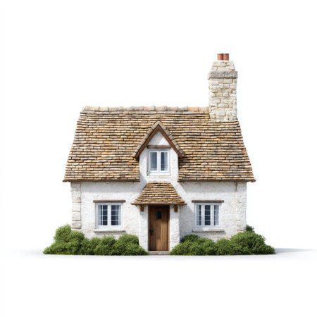 A picturesque cottage featuring a stone exterior and a charming sloped roof, surrounded by a vibrant garden in a naturally serene setting. Perfect for showcasing tranquility and rural beauty.の素材