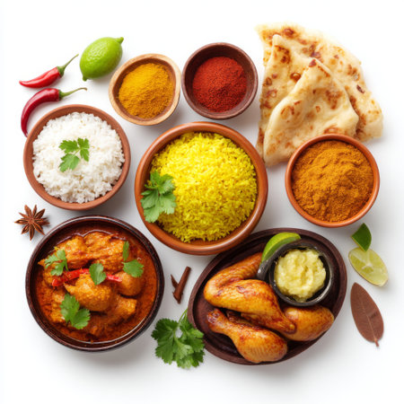 A vibrant arrangement of Indian dishes featuring rice, lentils, aromatic spices, and flatbreads, showcasing a colorful and appetizing meal presentation.の素材