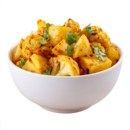 A vibrant serving of spicy cauliflower and potato dish garnished with fresh herbs in a white bowl, perfect for healthy meals and culinary presentations.の素材