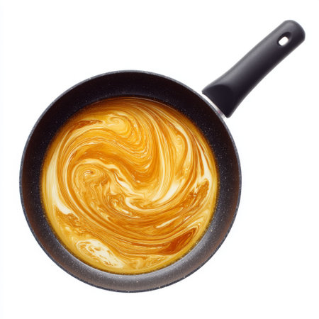 A vibrant image of creamy golden liquid swirling in a non-stick frying pan, showcasing beautiful patterns and textures that evoke culinary creativity.の素材
