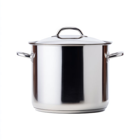 A sleek stainless steel cooking pot with a lid, perfect for boiling and steaming various foods. The pot combines durability and elegance, suitable for any kitchen setting.の素材