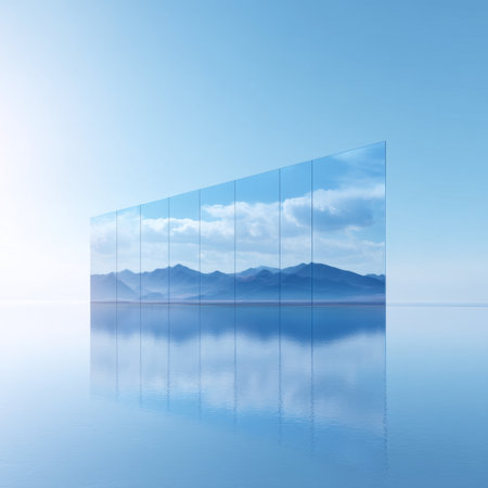 A captivating visual of a glass wall reflecting serene mountains and a clear sky. This image captures the essence of tranquility and modern beauty.の素材