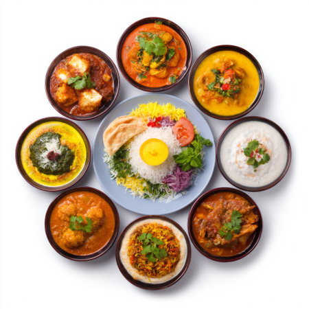 A vibrant array of Indian dishes presented in bowls, featuring rich curries, aromatic rice, and fresh garnishes, perfect for showcasing diverse cuisine.の素材
