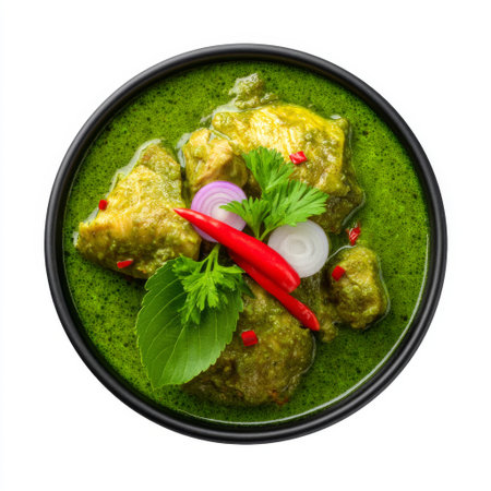 A colorful bowl of green curry featuring tender chicken pieces, topped with fresh herbs and spices, ideal for showcasing delicious culinary creations.の素材