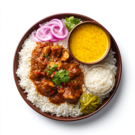 A vibrant plate featuring chicken curry with fragrant basmati rice, paired with a lentil soup and fresh onions, creating a delightful meal experience.の素材