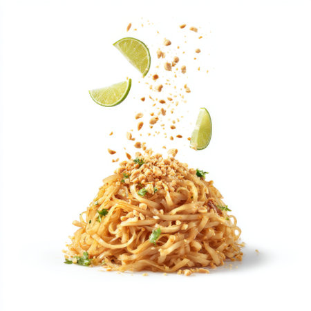A vibrant and flavorful dish featuring Thai noodles topped with lime wedges and crushed peanuts, perfect for culinary presentations and food recipes.の素材