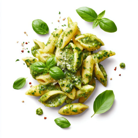 A visually appealing plate of penne pasta topped with vibrant pesto sauce and fresh basil leaves, perfect for culinary presentations or recipe inspirations.の素材