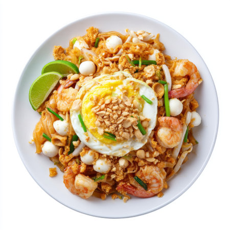 A vibrant plate of shrimp noodles topped with a perfectly fried egg, lime slices, and crunchy peanuts, perfect for a flavorful meal.の素材