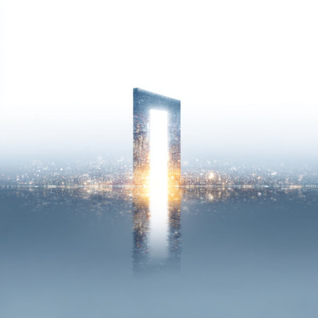 A stunning light portal emerges from a misty urban landscape at dawn, radiating hope and serenity. The ethereal glow invites exploration and inspiration.の素材