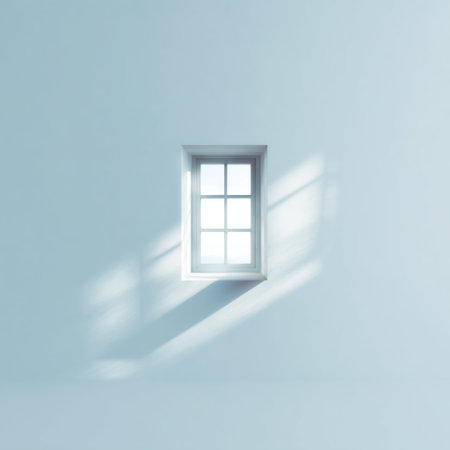 This serene image captures a minimalist window design in a bright room. Natural light streams through, enhancing the calming atmosphere of simplicity and beauty.の素材