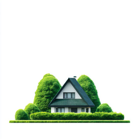 A picturesque suburban house set amidst vibrant greenery and manicured hedges, capturing a serene outdoor scene that emphasizes comfort and tranquility.の素材