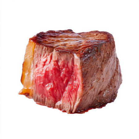 This image features a perfectly cooked slice of beef, showcasing a beautiful seared crust and juicy red center, ideal for culinary inspiration.の素材