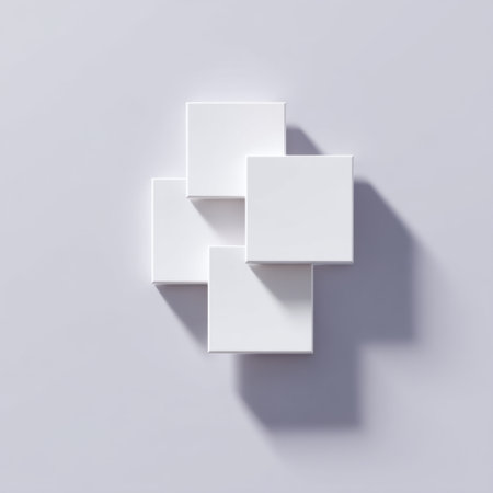 This image features a minimalist geometric design composed of four white squares arranged neatly on a light background, highlighting space and form.の素材