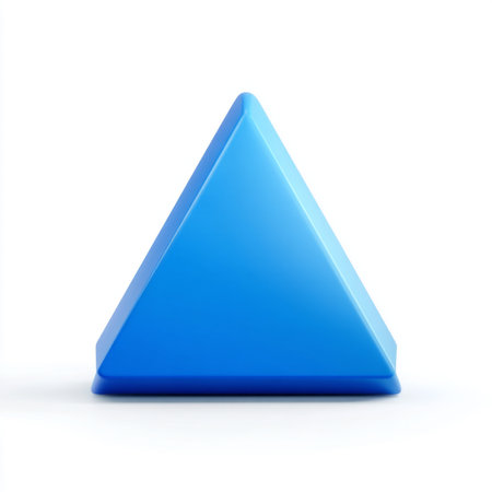 A vibrant blue triangular shape rests on a clean white background, showcasing a smooth surface with subtle reflections, ideal for modern design projects.の素材