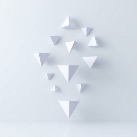 This image features an array of geometric shapes, specifically white triangles of various sizes set against a soft, minimalist background, creating an airy and modern aesthetic.の素材