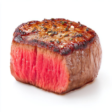 A stunning grilled steak showcasing a beautiful sear, rich color, and juicy interior, perfect for food enthusiasts and culinary presentations.の素材
