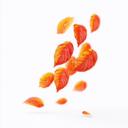 A collection of vibrant red and orange leaves gracefully falls against a pure white background, embodying the beauty of autumn in a minimalist style.の素材