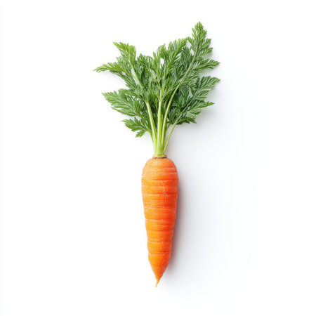 Single fresh organic carrot with bright green leaves, perfect for healthy food images, cooking inspiration, and dietary lifestyle concepts.の素材