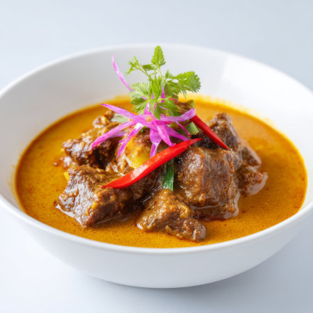 This captivating image features a delicious Asian curry dish with tender meat immersed in a rich sauce, garnished with fresh herbs and vibrant spices.の素材