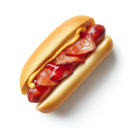 This vibrant image showcases a delicious hot dog topped with crispy bacon and yellow mustard, all nestled in a soft bun, perfect for any meal.の素材