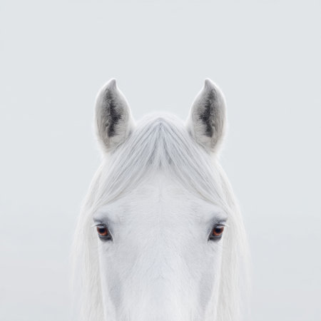 This captivating portrait showcases the stunning features of a white horse, embodying elegance and tranquility against a soft gray background.の素材
